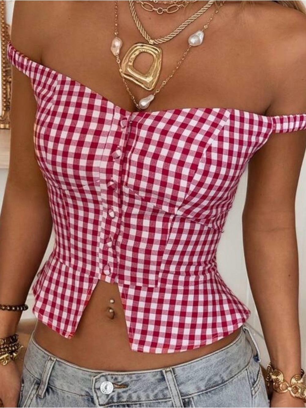 Off-Shoulder Red Gingham Button-Front Women’s Top